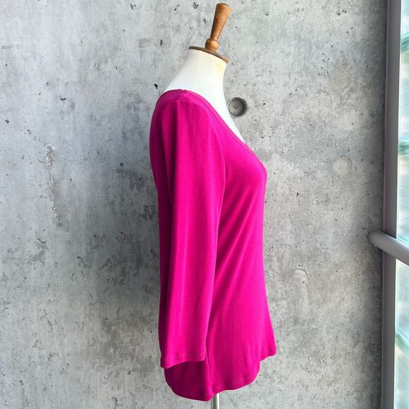 Lauren by RL Fuchsia Pink Contrast Trim Scoop Neck 3/4 Sleeve Top-Size L - Picture 5 of 10
